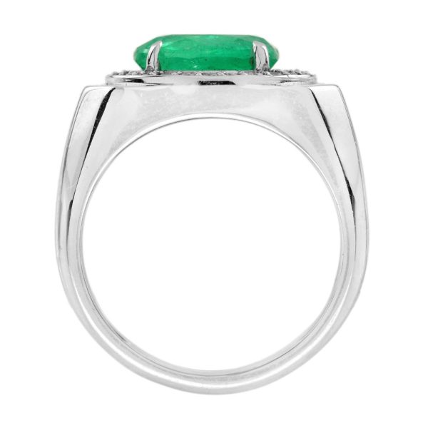 2.87ct Emerald and Diamond Cluster White Gold Signet Ring, substantial gentleman's/unisex chunky 18ct white gold ring with central oval emerald and diamond cluster