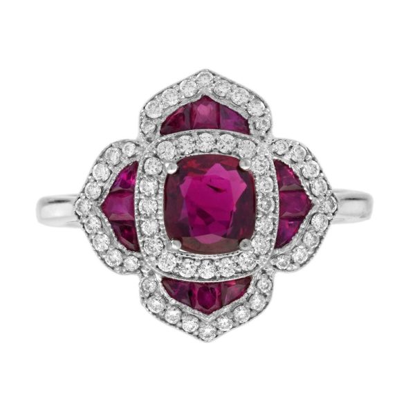 Certified 1ct Natural Ruby and Diamond Flower Cluster Engagement Ring, 1.02ct natural cushion-shaped ruby surrounded by ruby petals with sparkling diamond borders in 14ct white gold