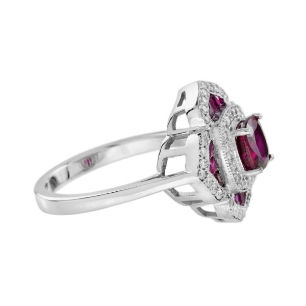 Certified 1ct Natural Ruby and Diamond Flower Cluster Engagement Ring, 1.02ct natural cushion-shaped ruby surrounded by ruby petals with sparkling diamond borders in 14ct white gold