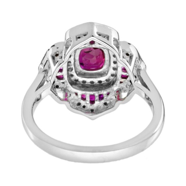Certified 1ct Natural Ruby and Diamond Flower Cluster Engagement Ring, 1.02ct natural cushion-shaped ruby surrounded by ruby petals with sparkling diamond borders in 14ct white gold