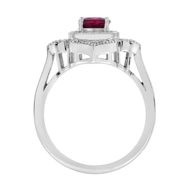 Certified 1ct Natural Ruby and Diamond Flower Cluster Engagement Ring, 1.02ct natural cushion-shaped ruby surrounded by ruby petals with sparkling diamond borders in 14ct white gold