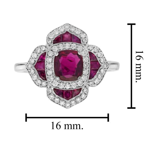 Certified 1ct Natural Ruby and Diamond Flower Cluster Engagement Ring, 1.02ct natural cushion-shaped ruby surrounded by ruby petals with sparkling diamond borders in 14ct white gold