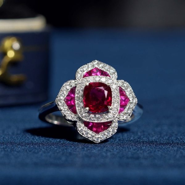 Certified 1ct Natural Ruby and Diamond Flower Cluster Engagement Ring, 1.02ct natural cushion-shaped ruby surrounded by ruby petals with sparkling diamond borders in 14ct white gold