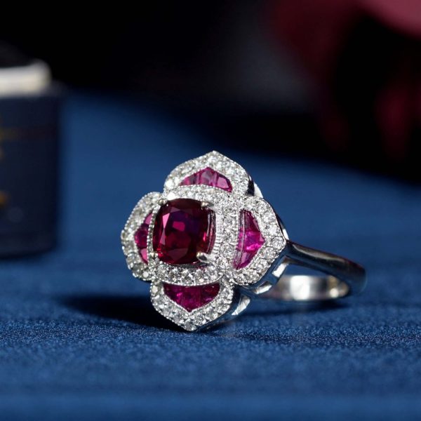 Certified Natural Ruby and Diamond Flower Cluster Engagement Ring, 1.02ct natural cushion-shaped ruby surrounded by ruby petals with sparkling diamond borders in 14ct white gold