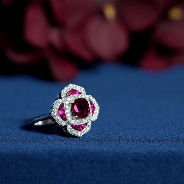 Certified Natural Ruby and Diamond Flower Cluster Engagement Ring, 1.02ct natural cushion-shaped ruby surrounded by ruby petals with sparkling diamond borders in 14ct white gold