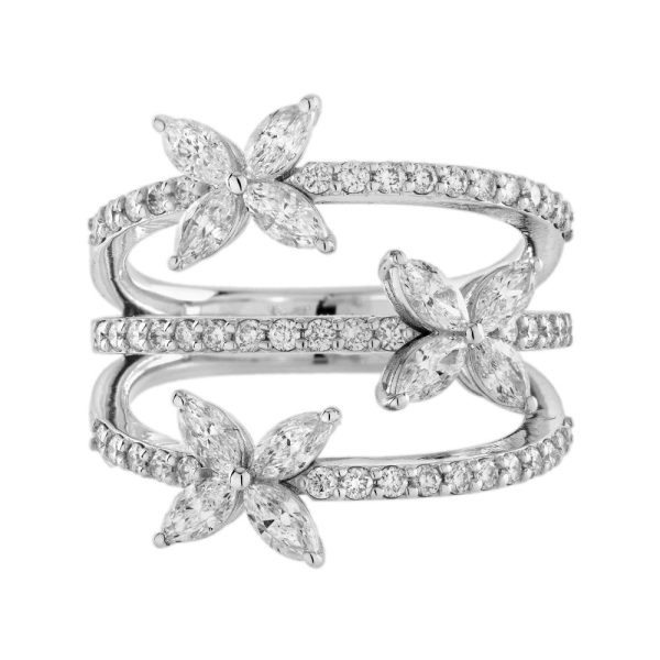 0.90ct Marquise Diamond Triple Floral Band Ring in 18ct White Gold, three rows of diamonds each set with a marquise-cut diamond flower, 1.37 carat total