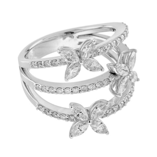 0.90ct Marquise Diamond Triple Floral Band Ring in 18ct White Gold, three rows of diamonds each set with a marquise-cut diamond flower, 1.37 carat total