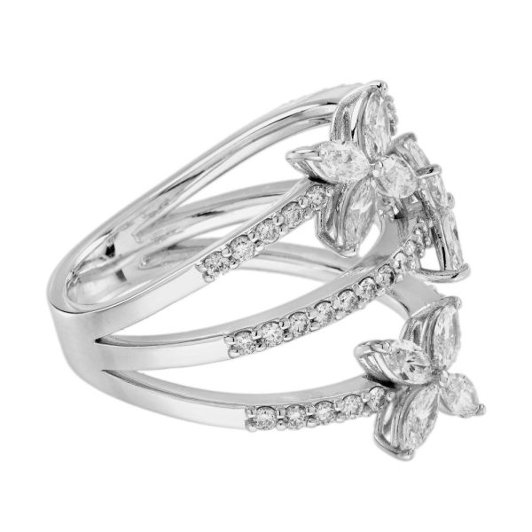0.90ct Marquise Diamond Triple Floral Band Ring in 18ct White Gold, three rows of diamonds each set with a marquise-cut diamond flower, 1.37 carat total