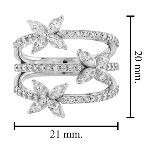 Marquise Diamond Triple Floral Band Ring in 18ct White Gold, three rows of diamonds each set with a marquise-cut diamond flower, 1.37 carat total