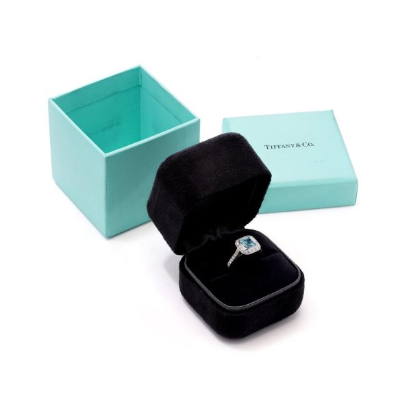 Aquamarine and diamond engagement ring in platinum.