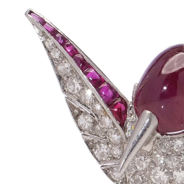 Vintage diamond and ruby hummingbird brooch in platinum.
