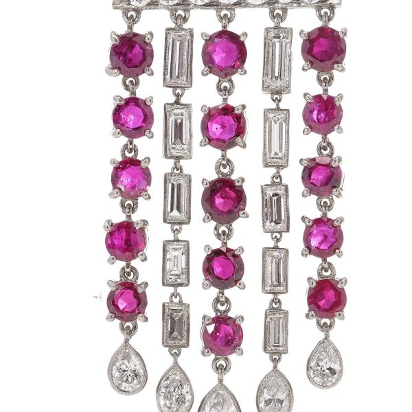 Art Deco ruby and diamond earrings in platinum.