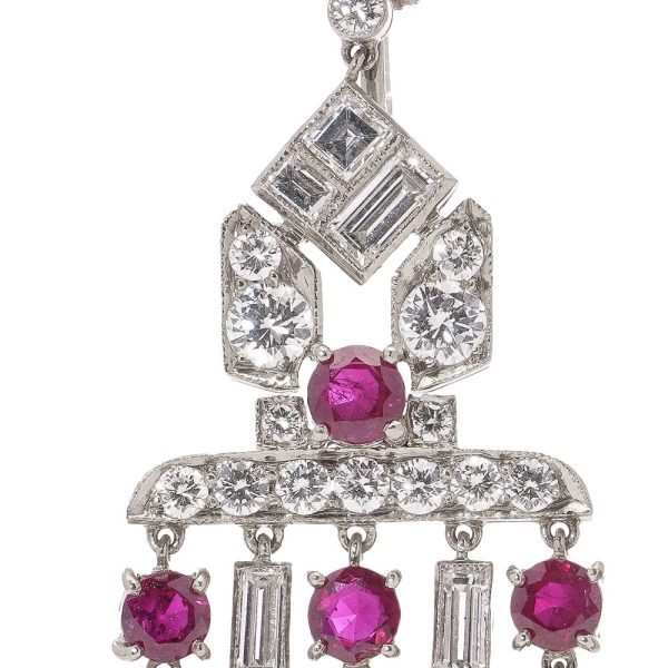 Art Deco ruby and diamond earrings in platinum.