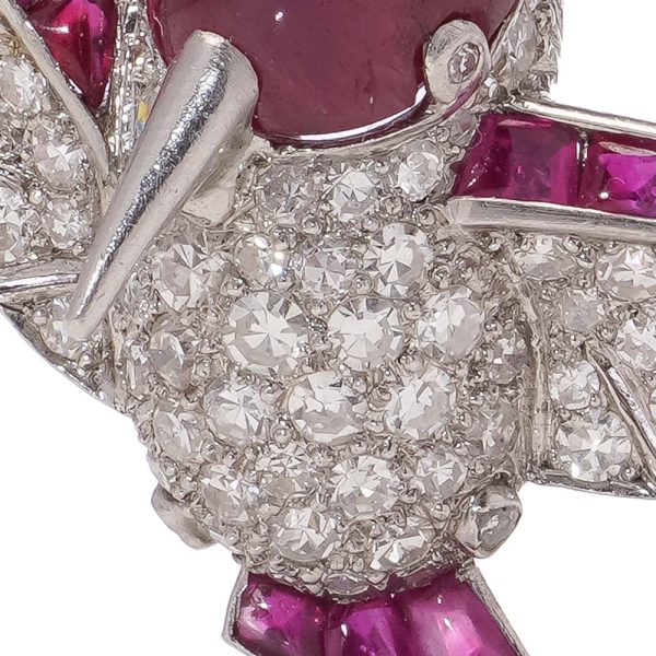 Vintage diamond and ruby hummingbird brooch in platinum.