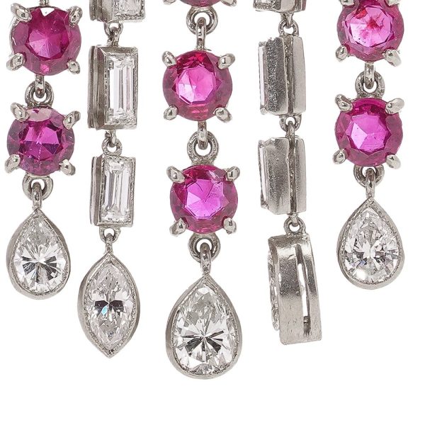 Art Deco ruby and diamond earrings in platinum.