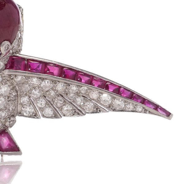 Vintage diamond and ruby hummingbird brooch in platinum.