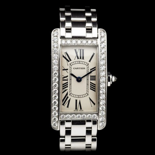 Ladies Cartier Tank Americaine 2489 18ct White Gold Quartz Watch with Factory Diamonds and Cartier Service. Under 2 year Cartier warranty from October 2024