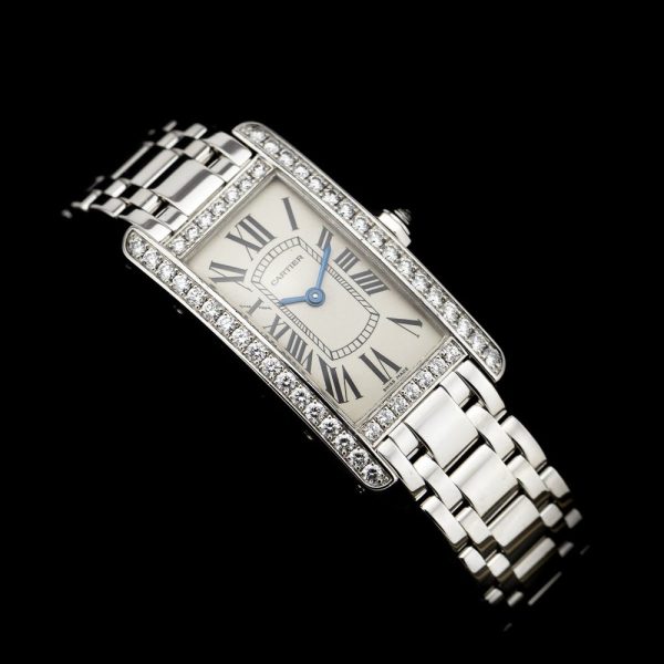 Ladies Cartier Tank Americaine 2489 18ct White Gold Quartz Watch with Factory Diamonds and Cartier Service. Under 2 year Cartier warranty from October 2024