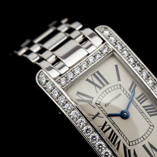 Ladies Cartier Tank Americaine 2489 18ct White Gold Quartz Watch with Factory Diamonds and Cartier Service. Under 2 year Cartier warranty from October 2024