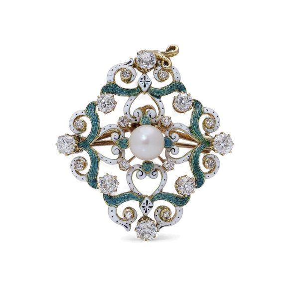 Victorian diamond and pearl pendant and brooch in gold.