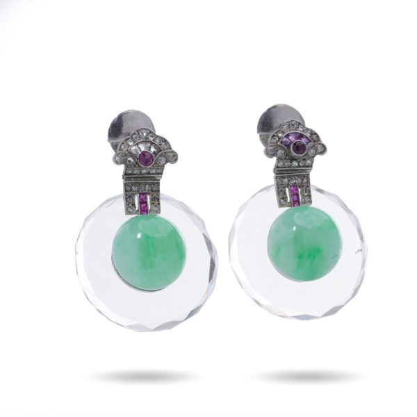 Art Deco gemstone drop earrings in platinum.