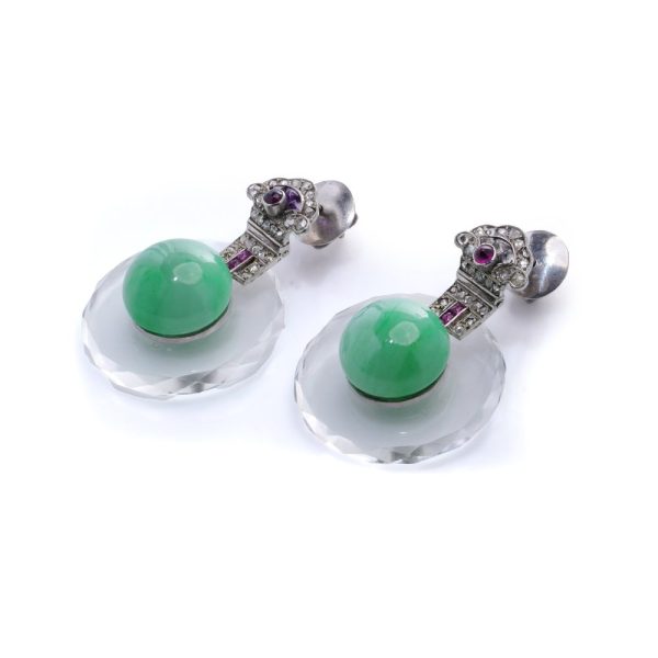 Art Deco gemstone drop earrings in platinum.