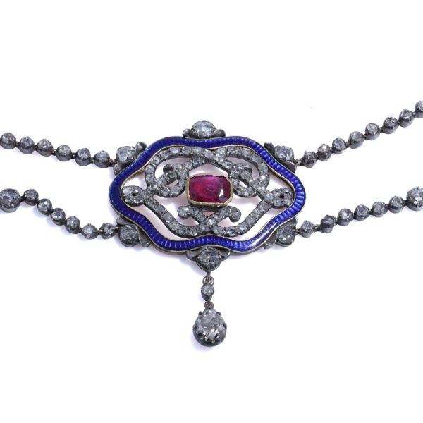 Victorian diamond, ruby and enamel necklace in gold.