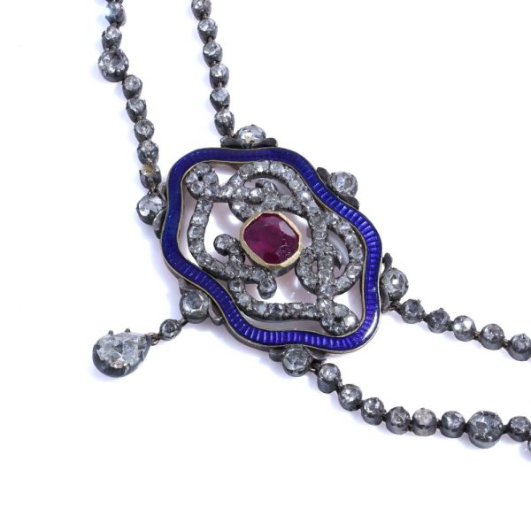 Victorian diamond, ruby and enamel necklace in gold.