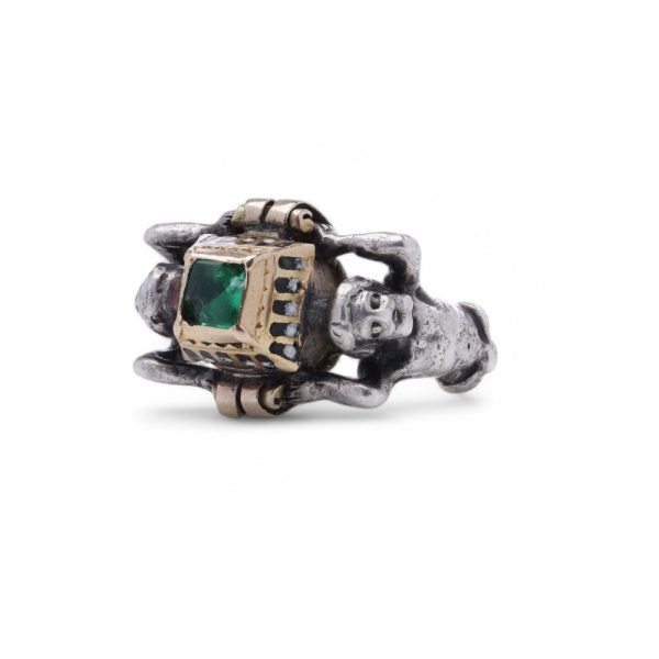 Renaissance emerald ring in silver and gold.