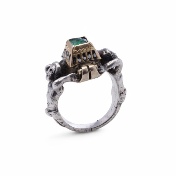 Renaissance emerald ring in silver and gold.