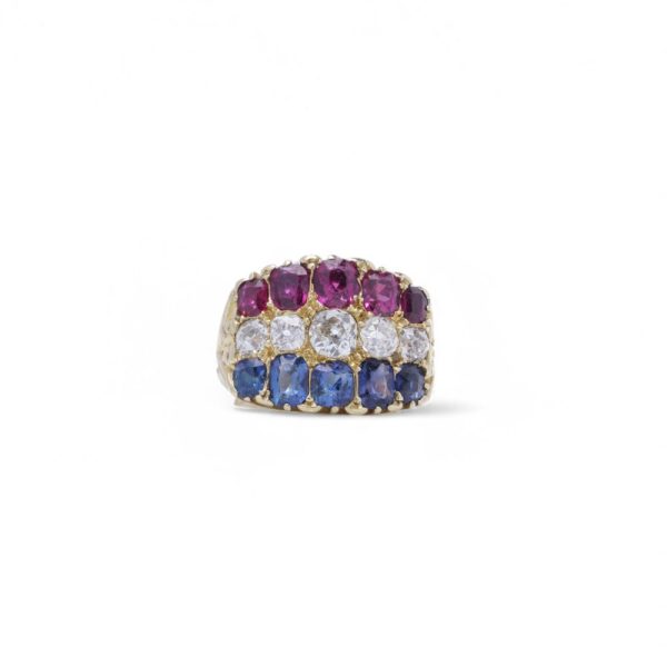 Antique ruby, sapphire and diamond ring in gold.