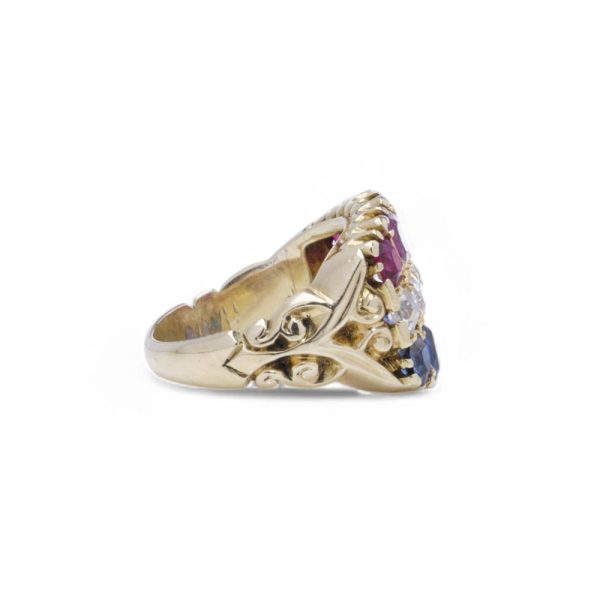 Antique ruby, sapphire and diamond ring in gold.