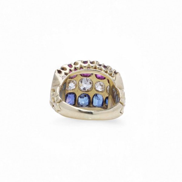 Antique ruby, sapphire and diamond ring in gold.