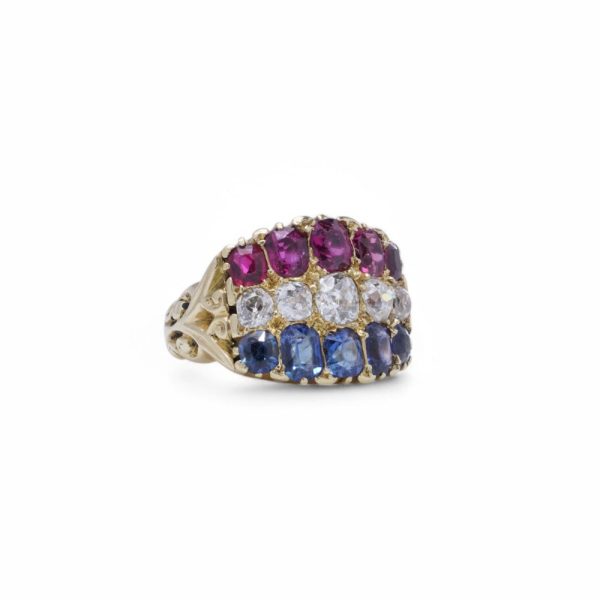 Antique ruby, sapphire and diamond ring in gold.