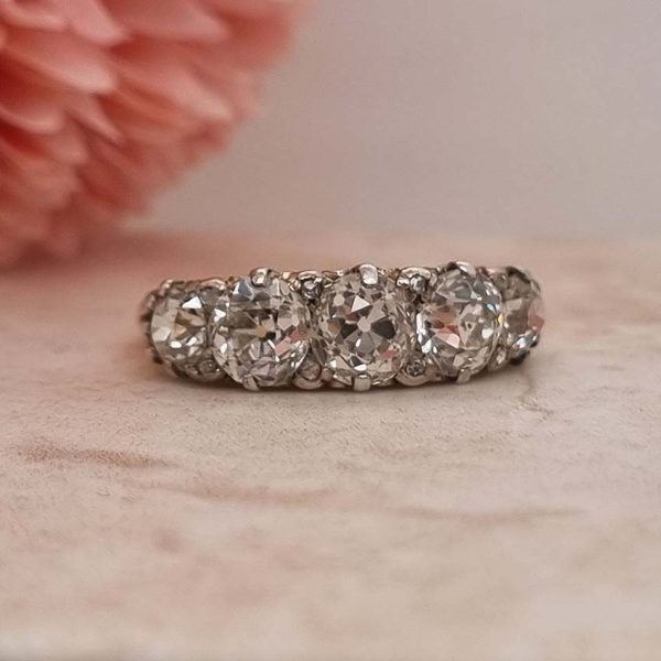 Antique 3ct Old Cut Diamond Five Stone Ring, half hoop ring set with 3 carats of old mine-cut diamonds in a hand-carved 18ct yellow gold mount