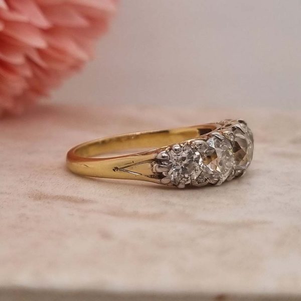 Antique 3ct Old Cut Diamond Five Stone Ring, half hoop ring set with 3 carats of old mine-cut diamonds in a hand-carved 18ct yellow gold mount