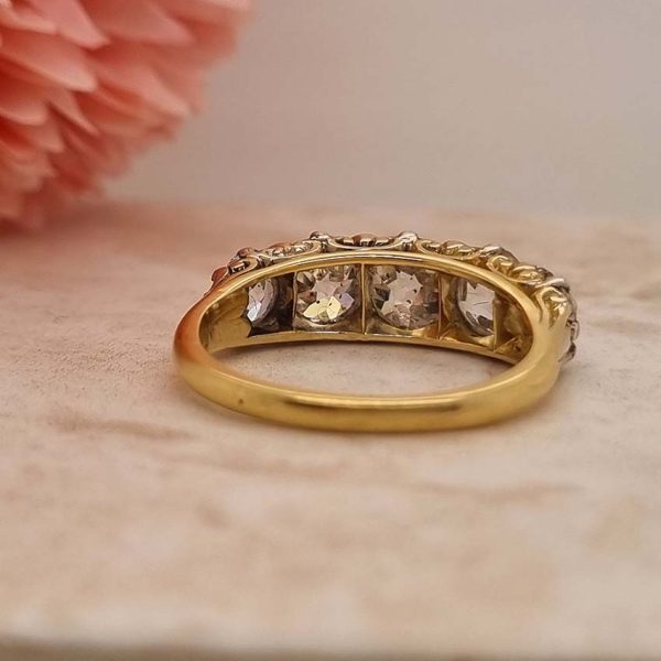 Antique 3ct Old Cut Diamond Five Stone Ring, half hoop ring set with 3 carats of old mine-cut diamonds in a hand-carved 18ct yellow gold mount