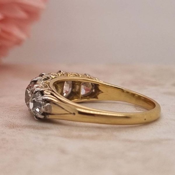 Antique 3ct Old Cut Diamond Five Stone Ring, half hoop ring set with 3 carats of old mine-cut diamonds in a hand-carved 18ct yellow gold mount