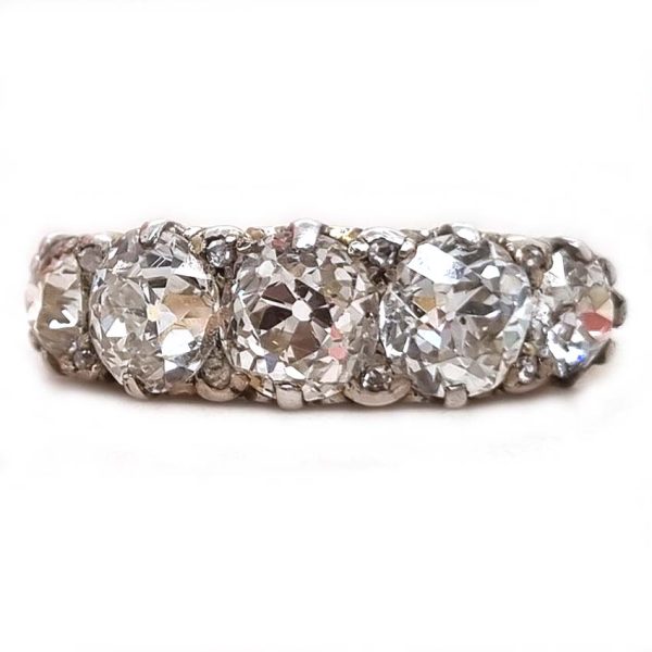 Antique 3ct Old Cut Diamond Five Stone Ring, half hoop ring set with 3 carats of old mine-cut diamonds in a hand-carved 18ct yellow gold mount