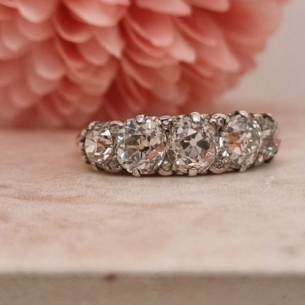 Antique 3ct Old Cut Diamond Five Stone Ring, half hoop ring set with 3 carats of old mine-cut diamonds in a hand-carved 18ct yellow gold mount