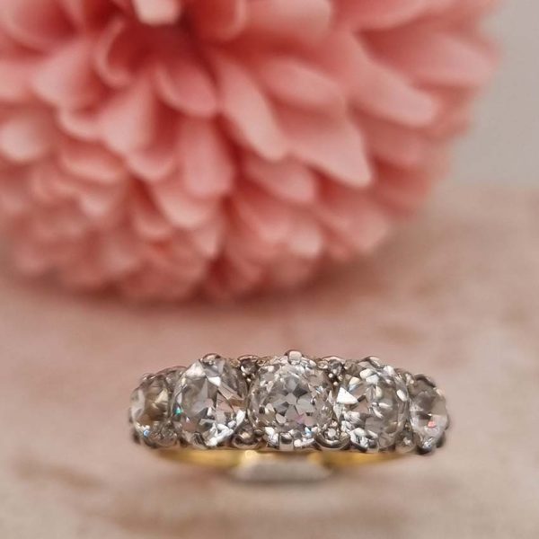 Antique 3ct Old Cut Diamond Five Stone Ring, half hoop ring set with 3 carats of old mine-cut diamonds in a hand-carved 18ct yellow gold mount