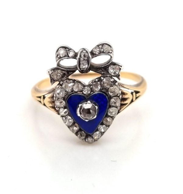Antique Victorian blue enamel and diamond heart ring diamonds rose cuts