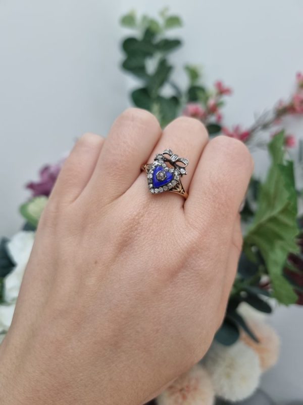 Early victorian enamel dn diamond heart bow ring