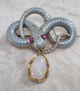Antique Victorian Blue Enamel and Diamond Snake Brooch