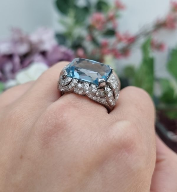 Vintage Aquamarine art deco ring and diamond sides and top platinum cocktail dress ring