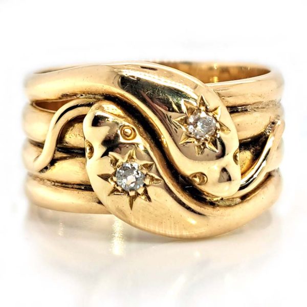 Antique Old Cut Diamond Set 18ct Yellow Gold Double Snake Wide Gents Ring, Circa 1915
