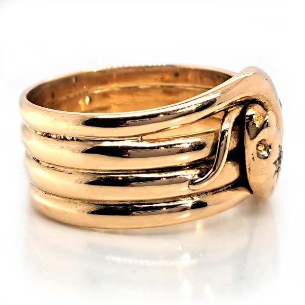 Antique Old Cut Diamond Set 18ct Yellow Gold Double Snake Wide Gents Ring, Circa 1915