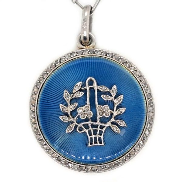 Antique Blue Enamel and Diamond Locket Pendant, cornflower blue enamel with central diamond floral pattern within diamond border. Hidden locket compartment to reverse
