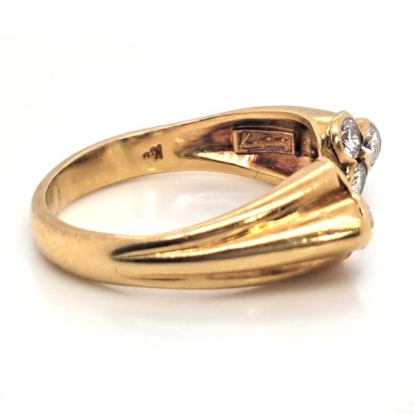 Vintage Kutchinsky Diamond Ring, tapered fluted 18ct yellow gold band to two sets of three sparkling diamonds to the front. Signed Kutchinsky, Circa 1975. Comes in a vintage Kutchinsky box