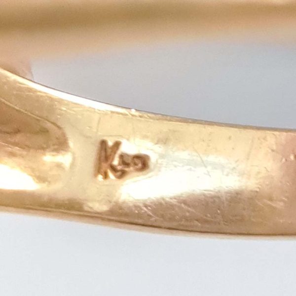 Vintage Kutchinsky Diamond Ring, tapered fluted 18ct yellow gold band to two sets of three sparkling diamonds to the front. Signed Kutchinsky, Circa 1975. Comes in a vintage Kutchinsky box